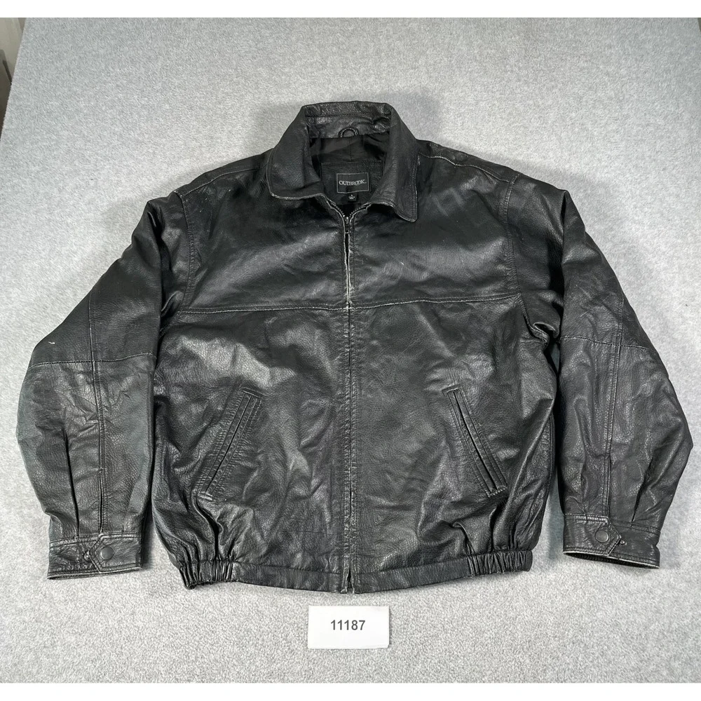Vintage Biker Jacket Outbrook Mens Large Black Genuine Leather